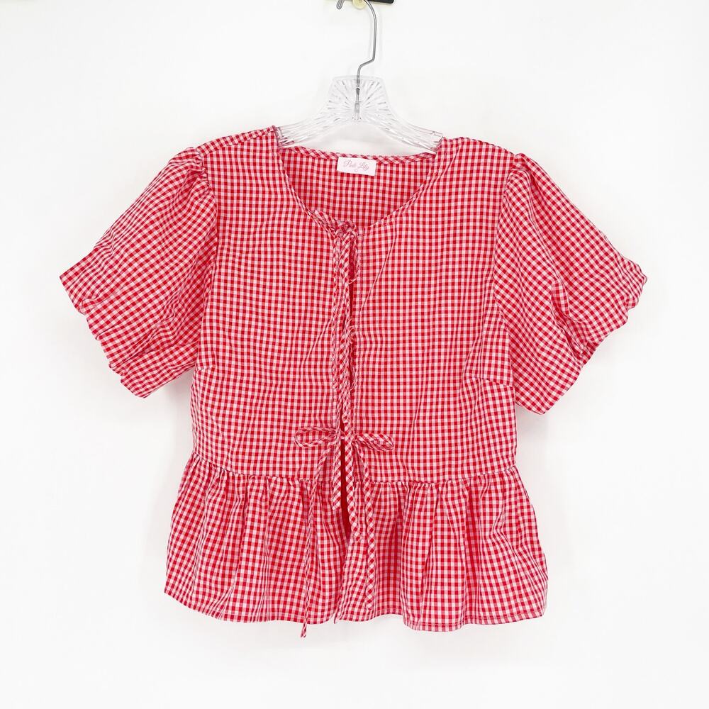 Pink Lily Puff Sleeve Tie Front Gingham Top Size Large